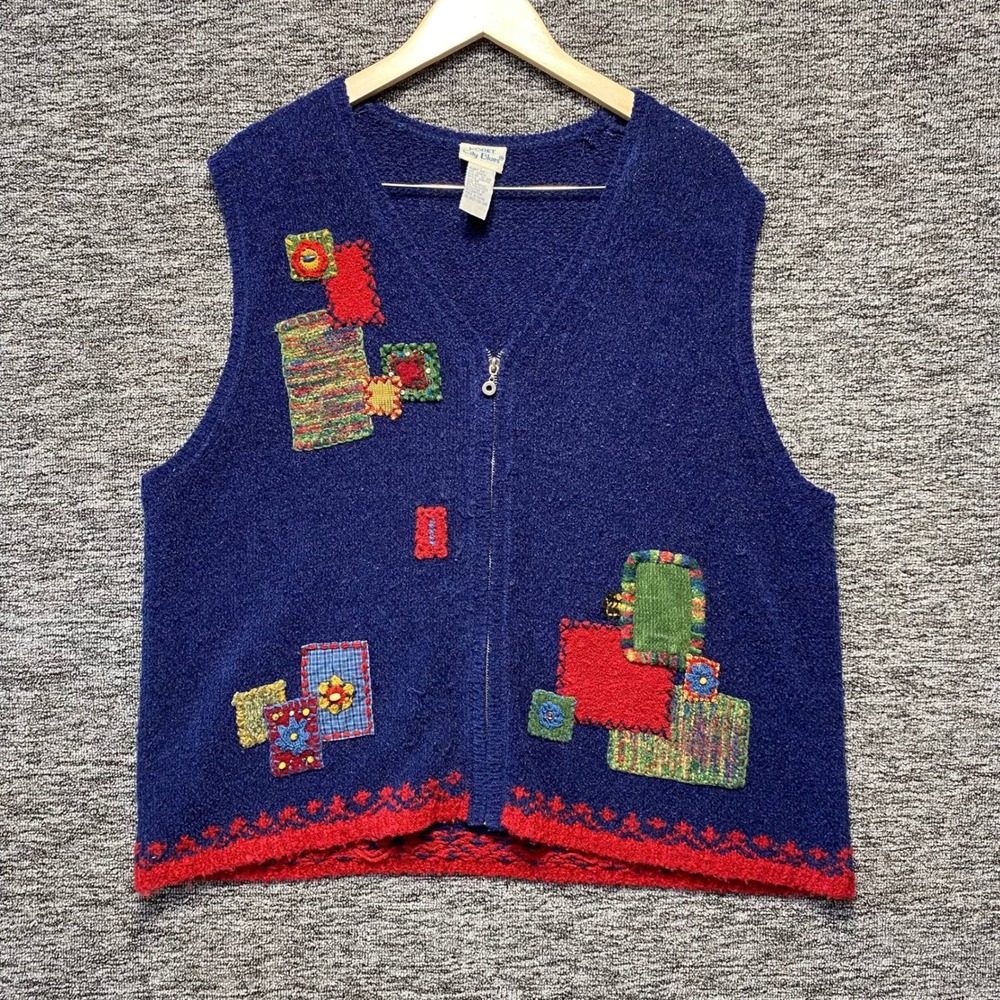 VTG Koret City Blues Sweater Vest Womens 1X Blue Patchwork Zip Up Novelty Knit
